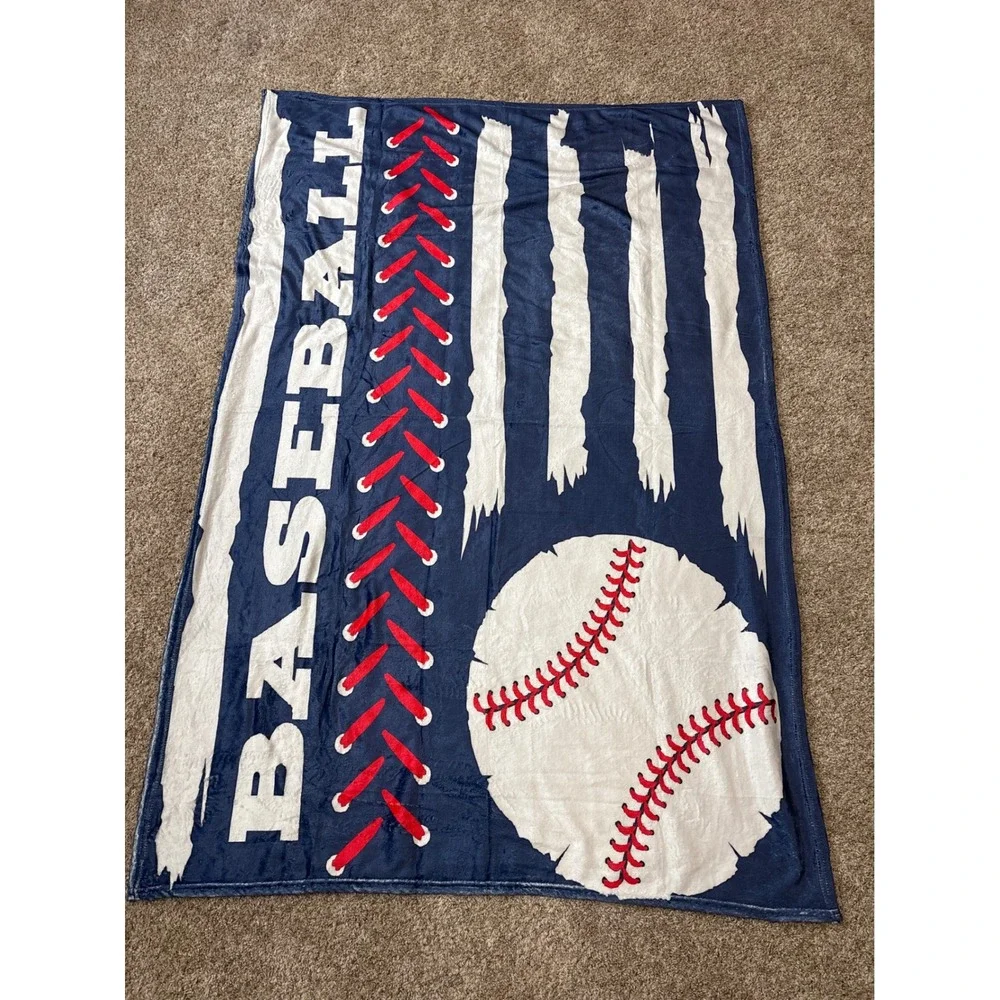 Baseball Fleece Throw Blanket Navy Blue Red White Sports Kids Bedding Plush 5X3